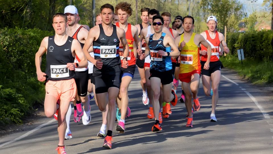 Pacer Jake Smith leading at the Cheshire Elite Marathon
