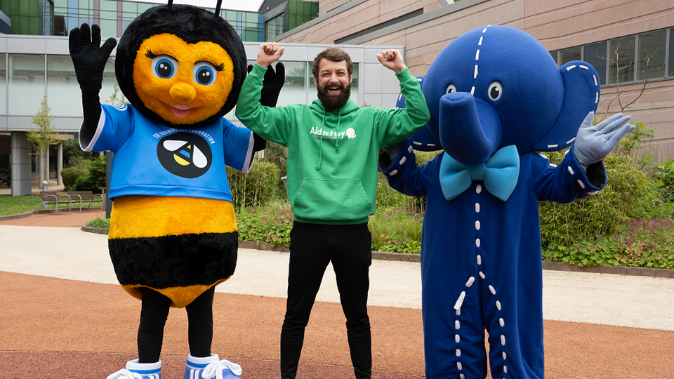 Running Bee Mascot with Alder Hey Charity Mascot
