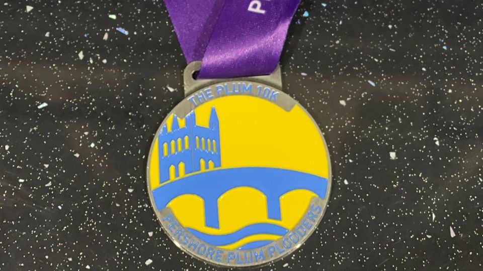 Ukraine themed medal for the 2022 Pershore Plum 10K