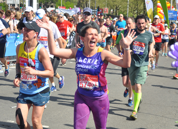 A happy Jackie in her Pancreatic Cancer vest at a big event