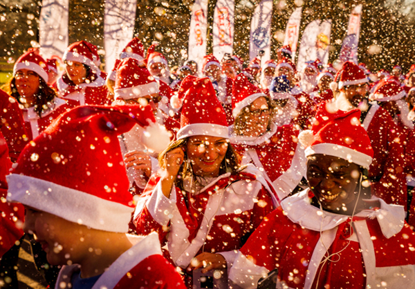 Group of Santas in a snow flurry