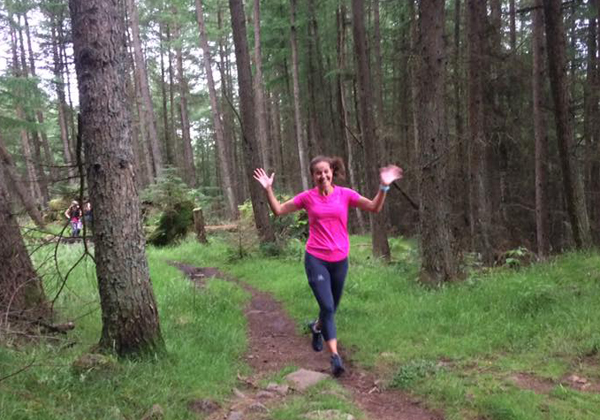 Happy woman on the trails at Mugdock Park