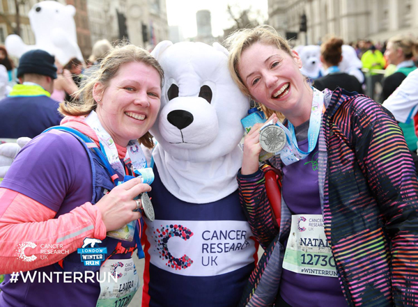 Two lady runners with polar bear after London Winter Run