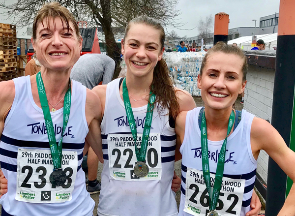 The first three ladies at Paddock Wood Half in their Tonbridge AC vests