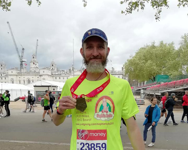 Dan Paton in his Sophie Rocks vest after London Marathon
